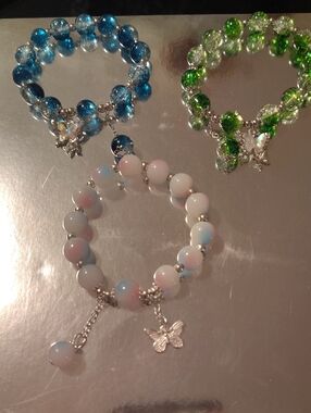 3 Piece Pastel Opal Beaded Bracelet with Butterfly Charm